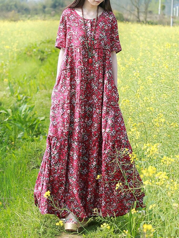 Robe D'été En Lin Et Coton À Fleurs Boho