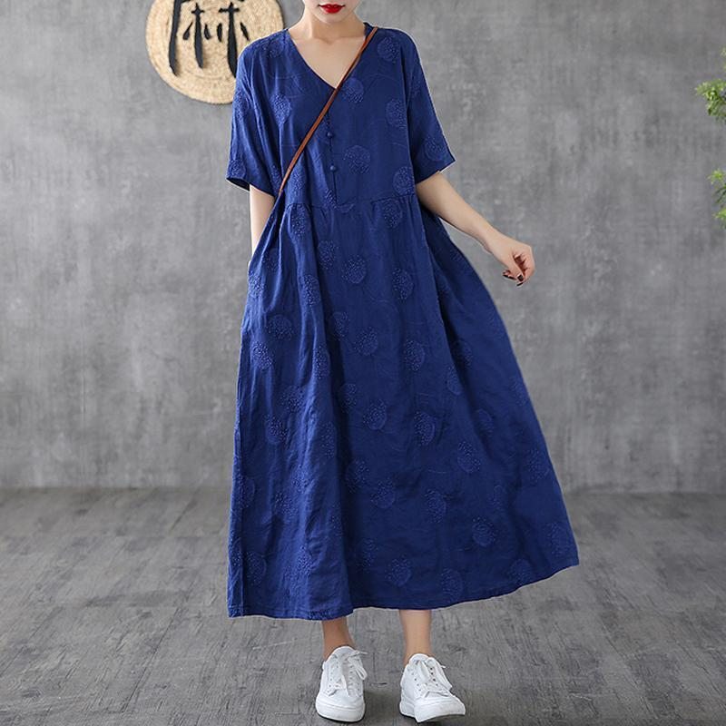 Robe D'été À Manches Courtes Brodée À Col En V Pour Femmes