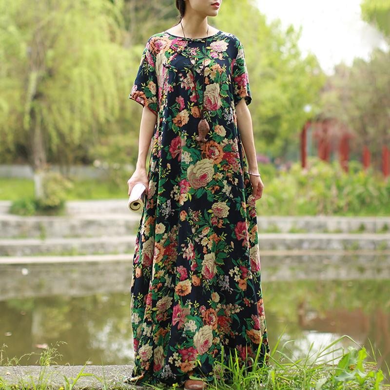 Robe D'été À Manches Courtes À Fleurs Pour Femmes