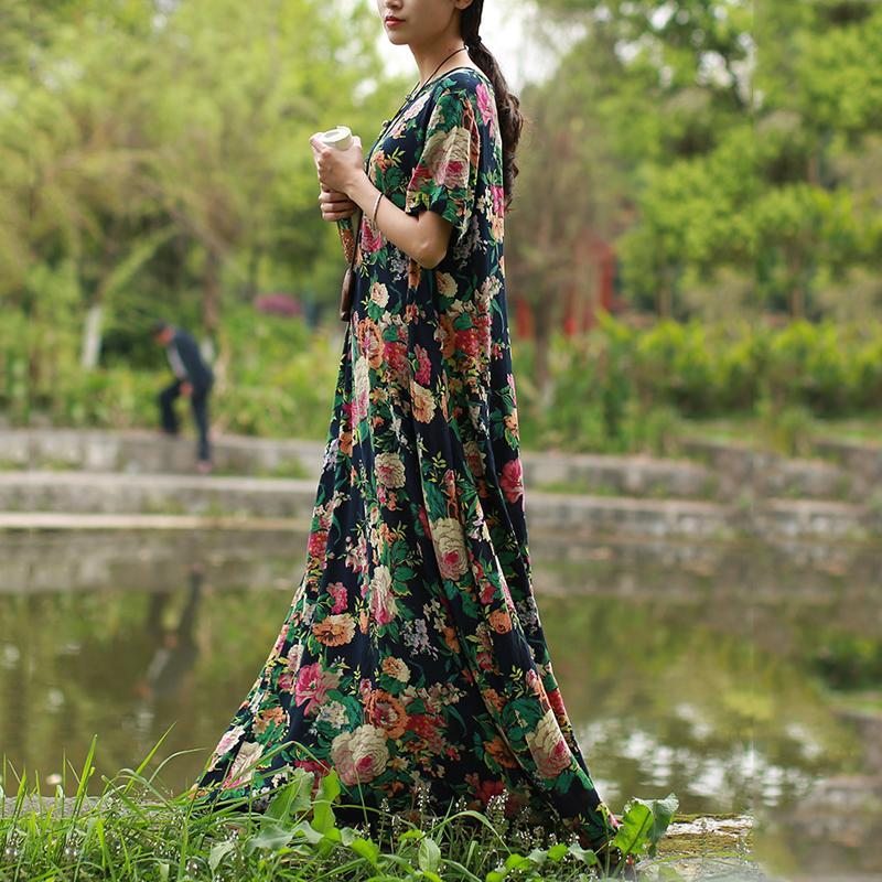 Robe D'été À Manches Courtes À Fleurs Pour Femmes