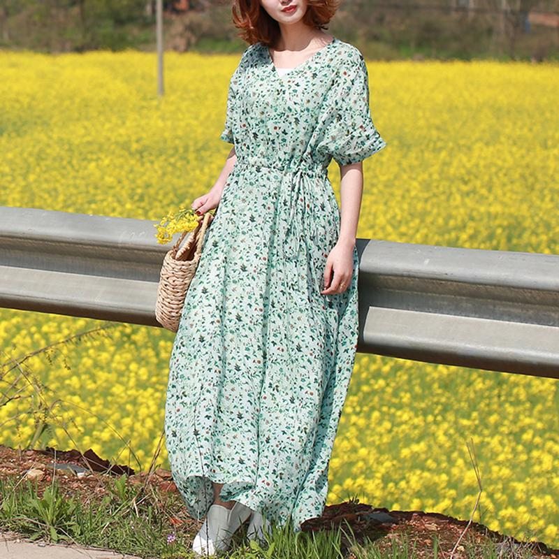 Robe D'été À Manches Courtes En Lin À Col En V Pour Femmes