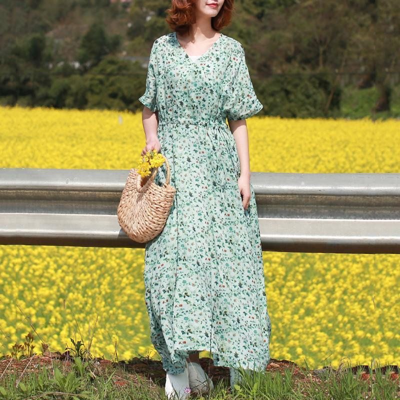 Robe D'été À Manches Courtes En Lin À Col En V Pour Femmes