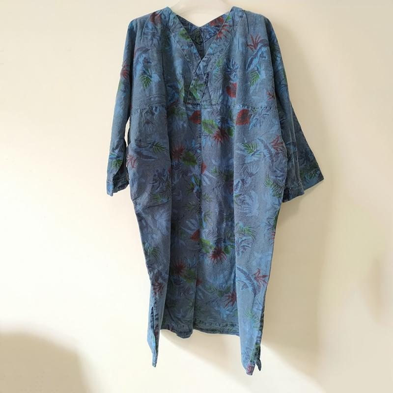 Robe D'été À Manches Longues En Coton Denim Imprimé