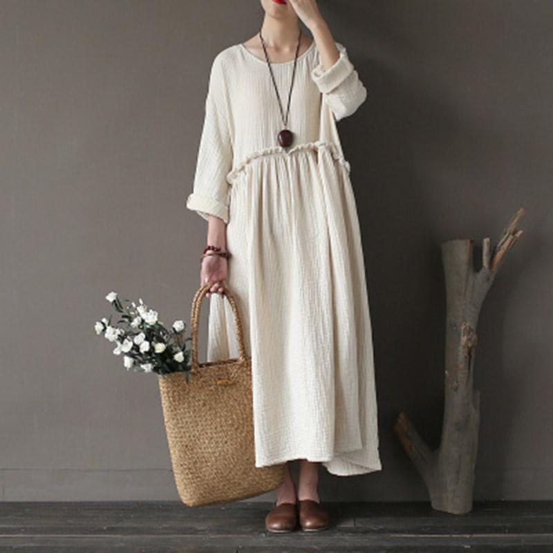 Robe D'été À Manches Longues En Coton Et Lin Ample