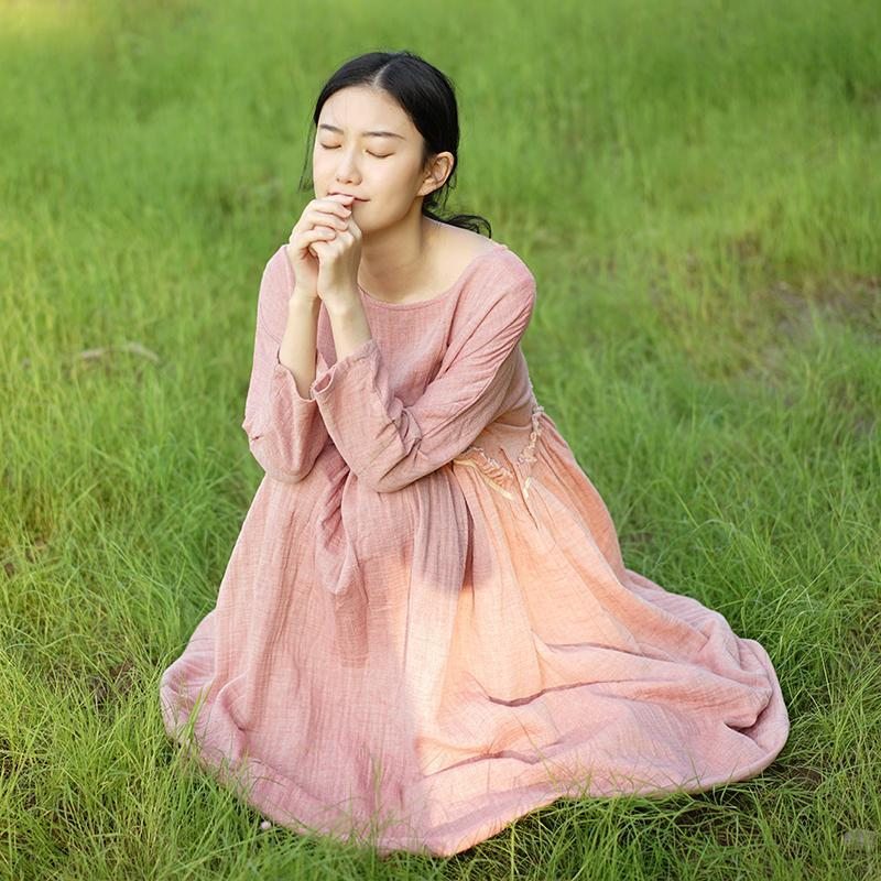 Robe D'été À Manches Longues En Coton Et Lin Ample