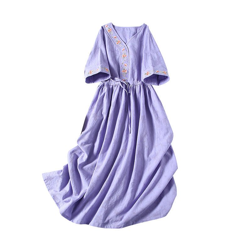 Robe D'été Rétro En Coton Et Lin Avec Col En V Et Cordon De Serrage