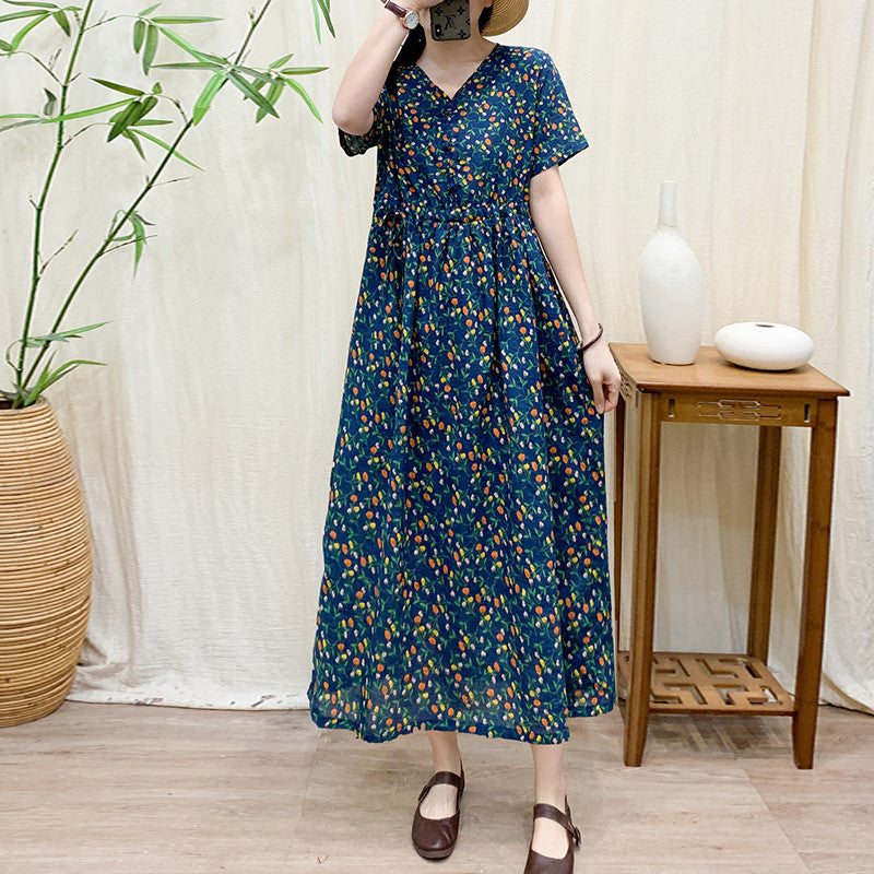 Robe D'été Rétro Décontractée En Coton Et Lin À Fleurs Et Col En V