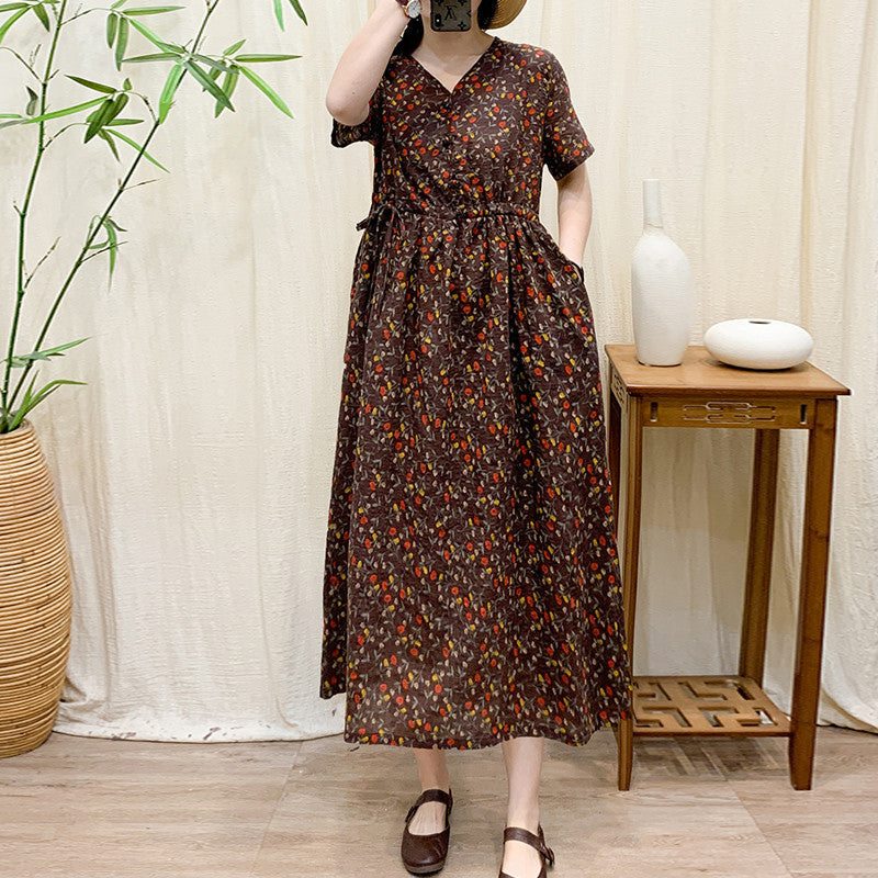 Robe D'été Rétro Décontractée En Coton Et Lin À Fleurs Et Col En V