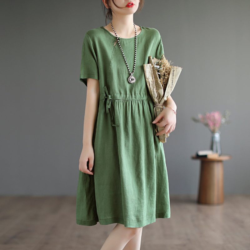 Robe D'été Rétro En Lin Uni Longueur Genou