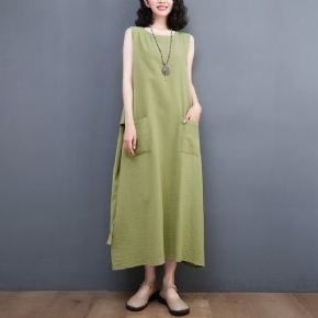 Robe D'été Sans Manches En Coton Et Lin À Laçage À La Taille