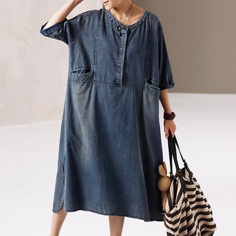 Robe D'été Simple En Denim Avec Poches À Col Rond