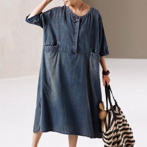 Robe D'été Simple En Denim Avec Poches À Col Rond