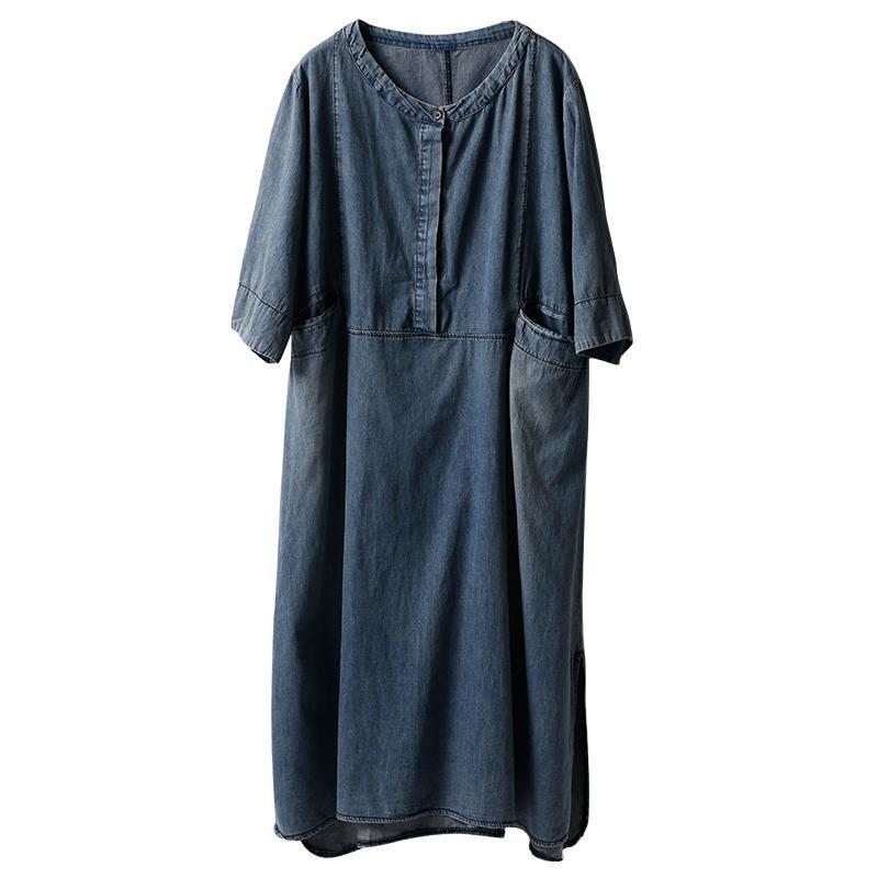 Robe D'été Simple En Denim Avec Poches À Col Rond