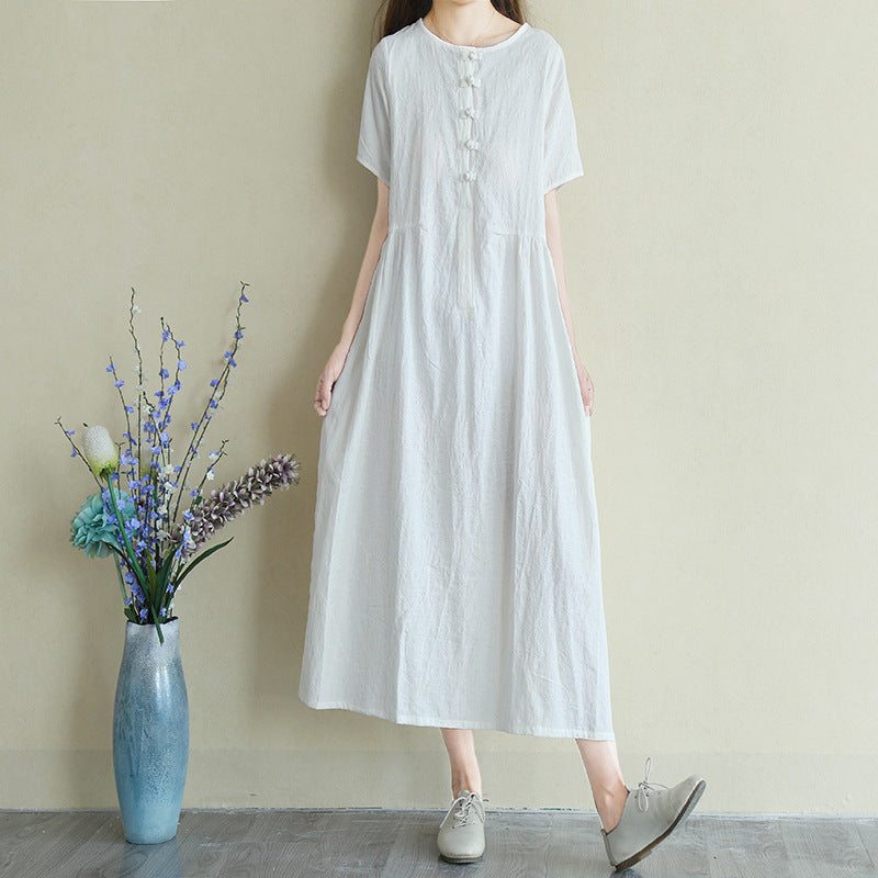 Robe D'été Vintage En Coton Et Lin À Manches Courtes