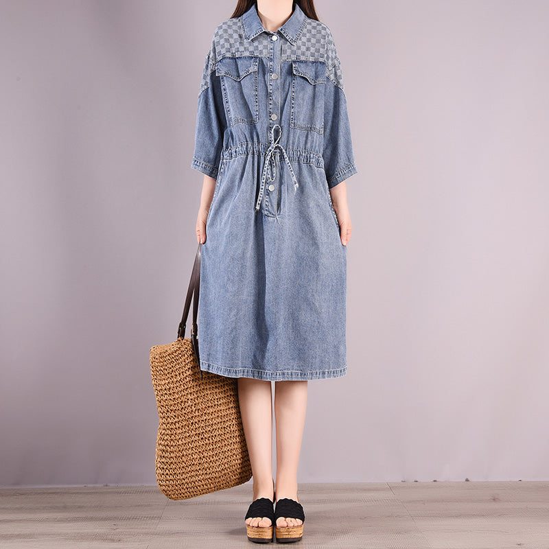 Robe D'été Vintage Décontractée En Coton Denim Longueur Genou