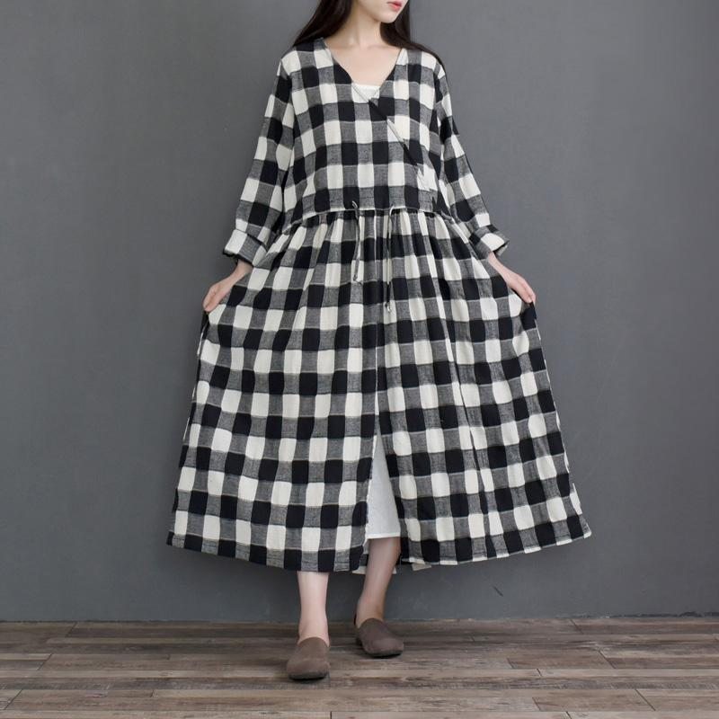 Robe Fendue À Manches Longues Et Col En V À Carreaux Vintage