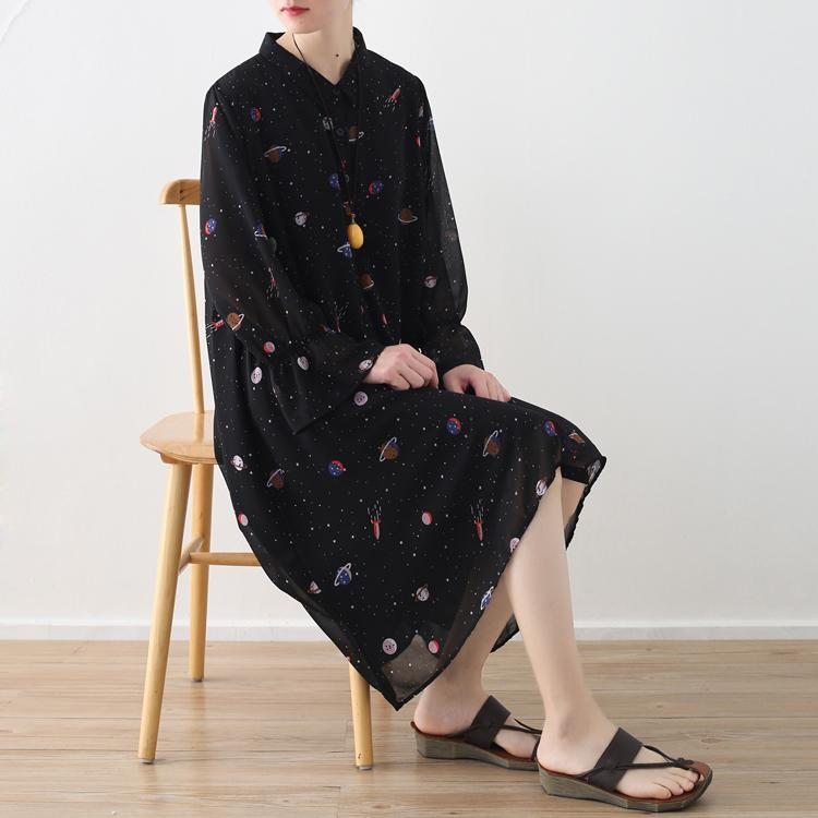 Robe À Fleurs Ample En Mousseline De Soie Noire