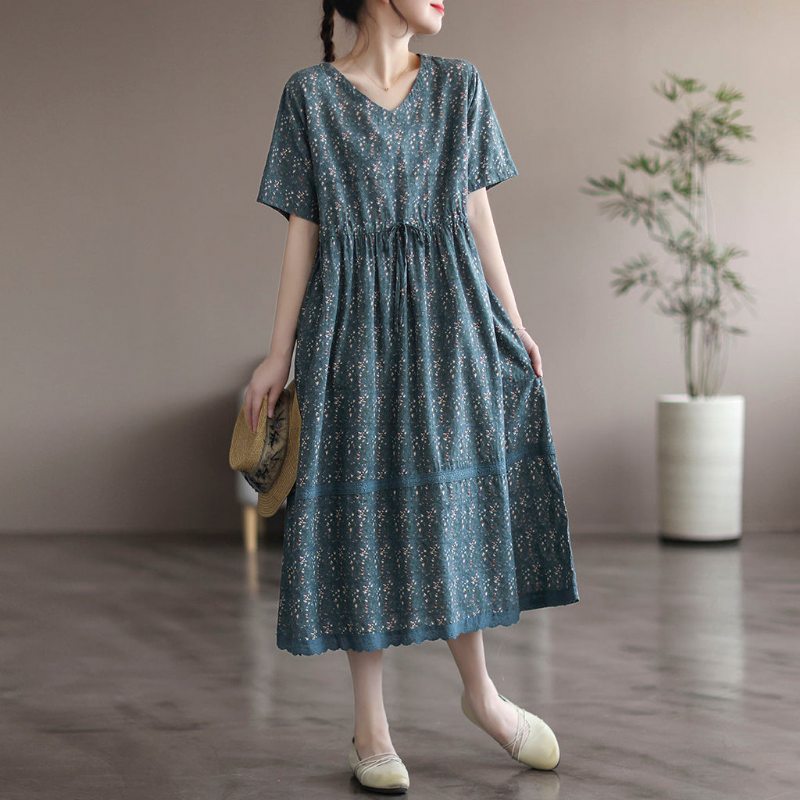 Robe À Fleurs En Lin Et Coton Vintage D'été