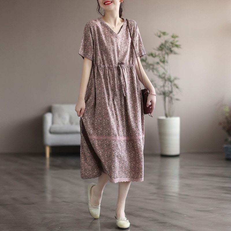 Robe À Fleurs En Lin Et Coton Vintage D'été