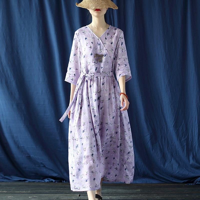 Robe À Fleurs Violettes À Imprimé Numérique Ramie