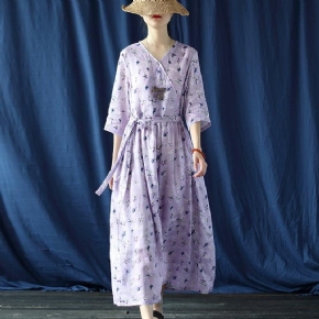 Robe À Fleurs Violettes À Imprimé Numérique Ramie