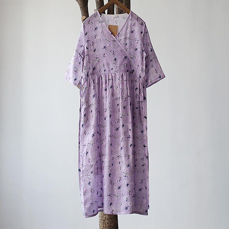 Robe À Fleurs Violettes À Imprimé Numérique Ramie