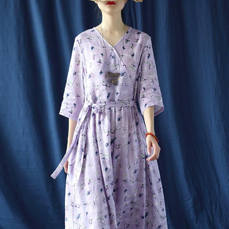 Robe À Fleurs Violettes À Imprimé Numérique Ramie