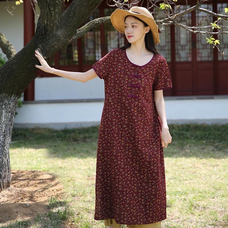 Robe Florale Ample En Coton Et Lin Printemps-été