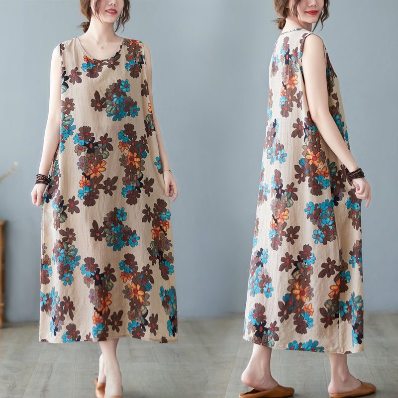 Robe Florale En Coton D'été Sans Manches Vintage