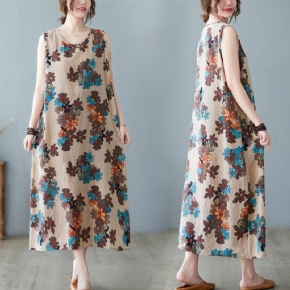 Robe Florale En Coton D'été Sans Manches Vintage