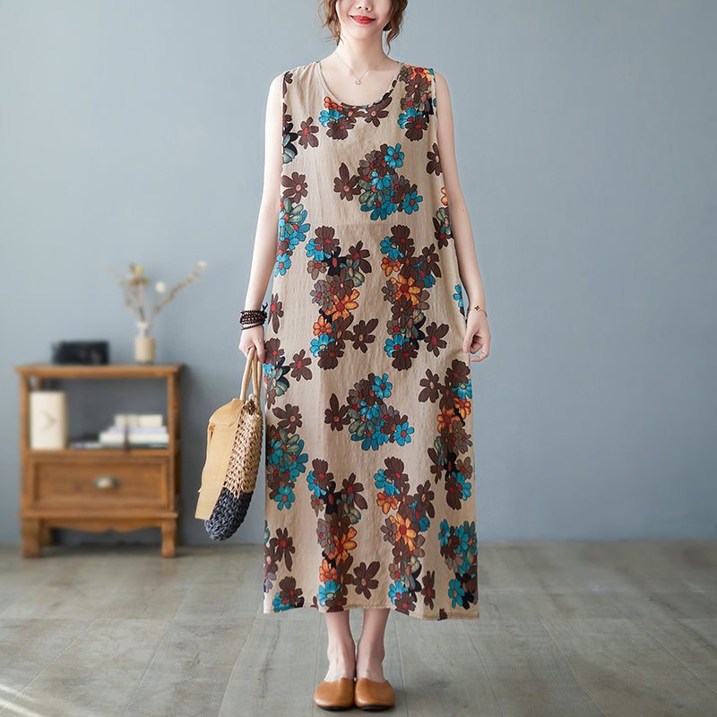 Robe Florale En Coton D'été Sans Manches Vintage