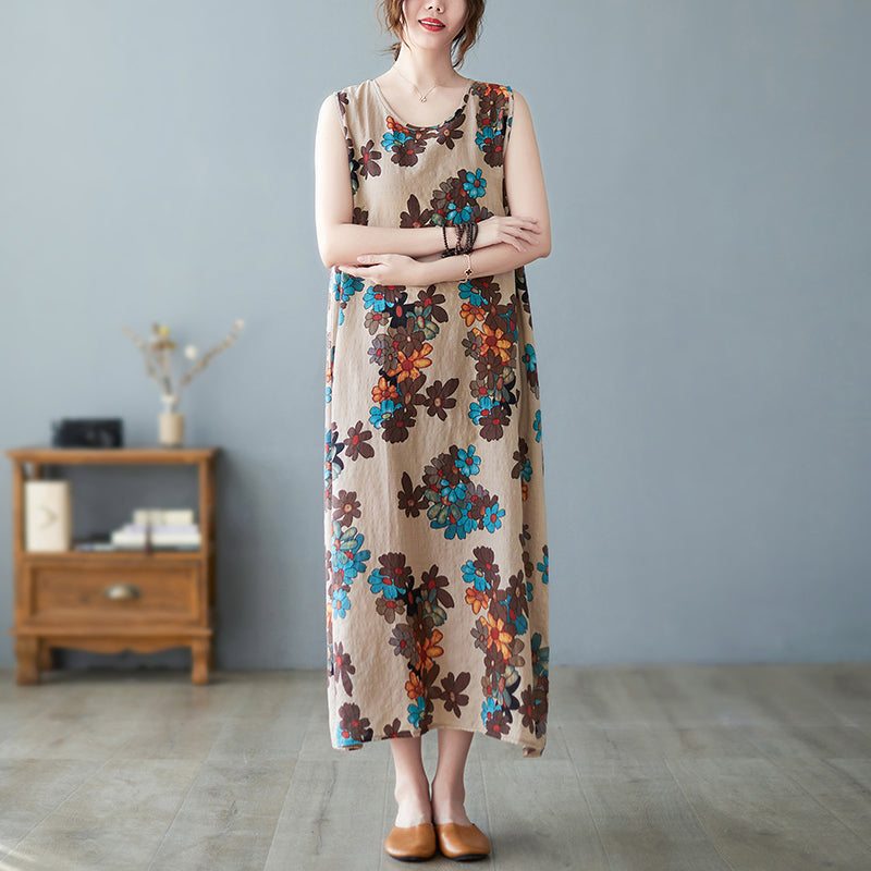 Robe Florale En Coton D'été Sans Manches Vintage