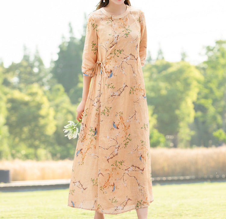 Robe Florale En Lin Ample Rétro Printemps-été