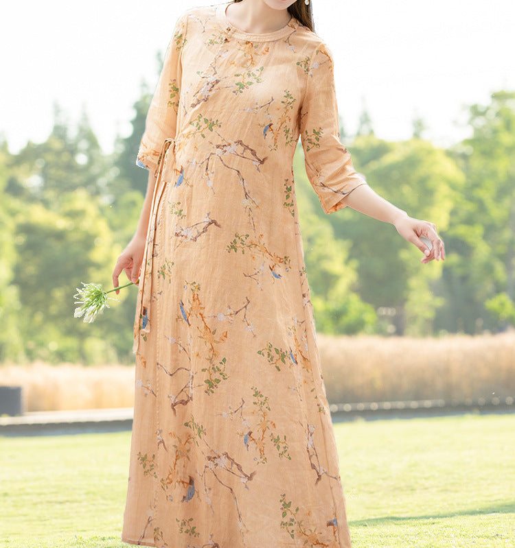 Robe Florale En Lin Ample Rétro Printemps-été