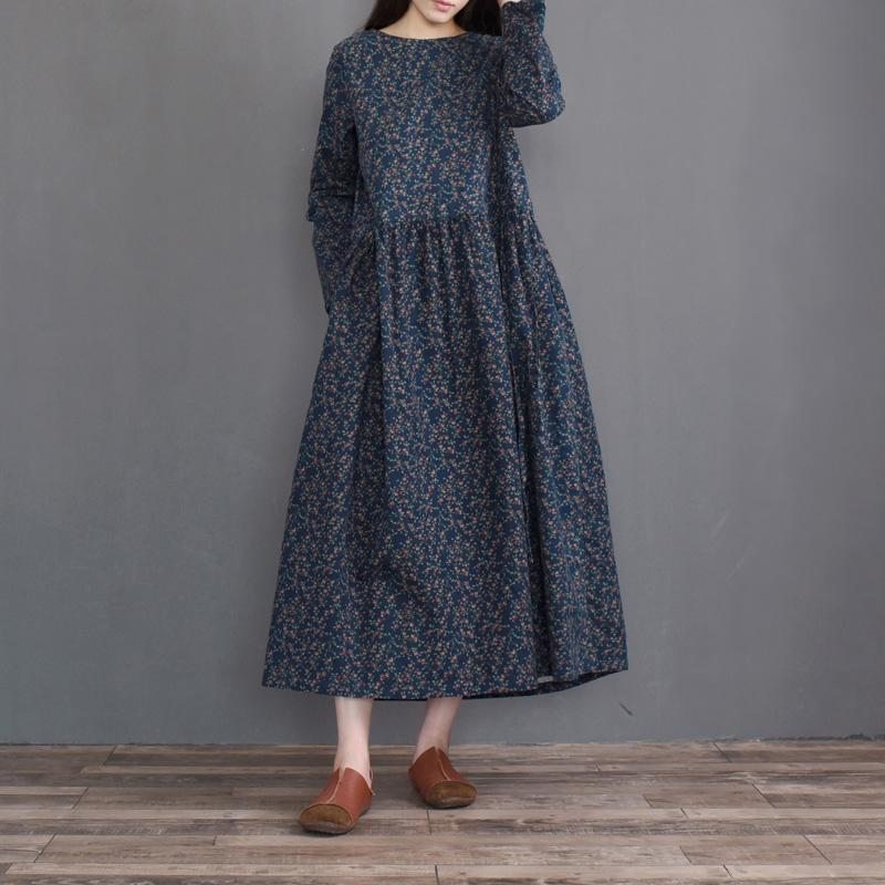 Robe Florale À Manches Longues En Coton Rétro D'automne