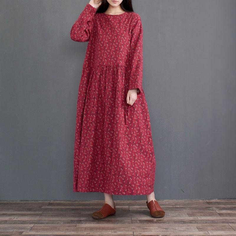 Robe Florale À Manches Longues En Coton Rétro D'automne