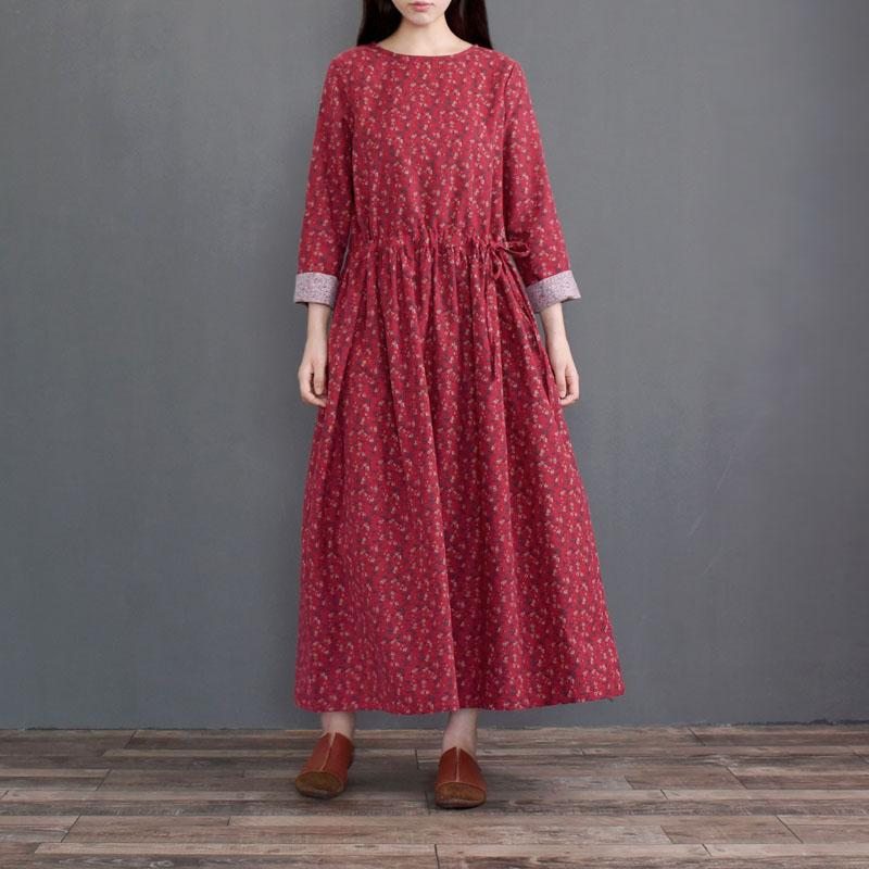 Robe Florale À Manches Longues En Coton Rétro D'automne