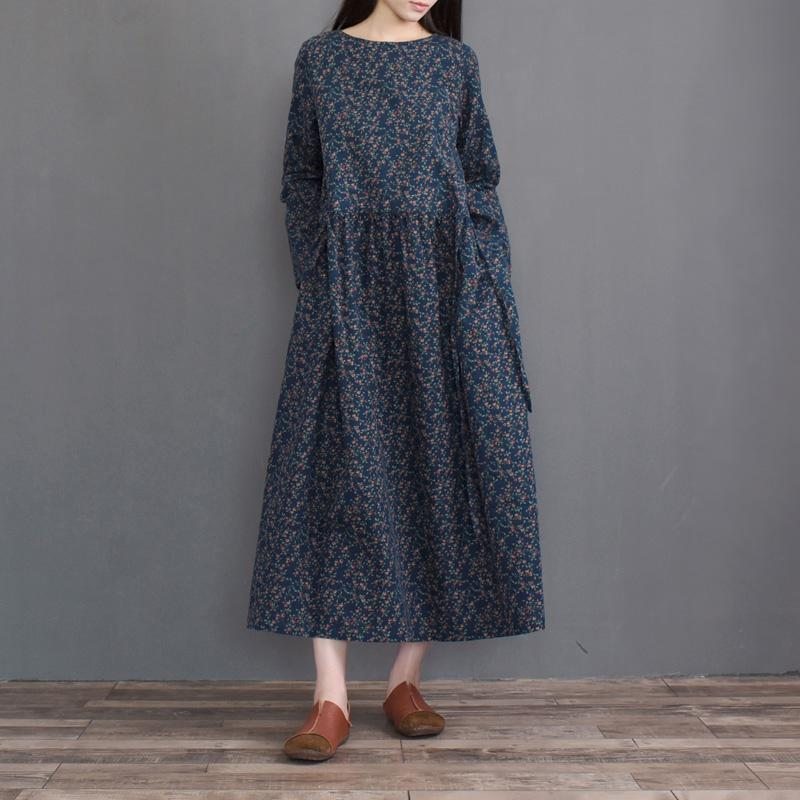 Robe Florale À Manches Longues En Coton Rétro D'automne