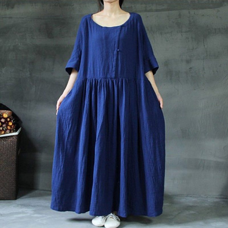 Robe Froncée Ample En Lin Riche En Grande Taille M-5xl