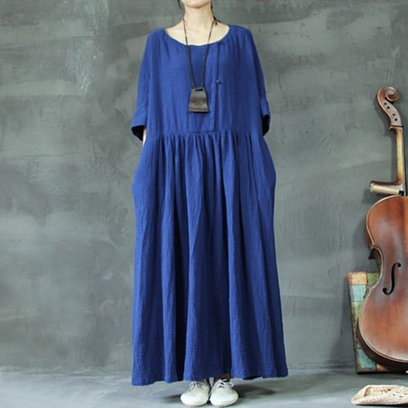 Robe Froncée Ample En Lin Riche En Grande Taille M-5xl