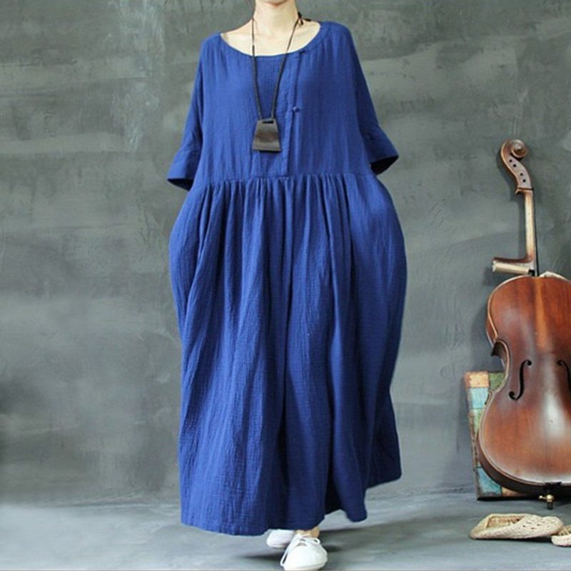 Robe Froncée Ample En Lin Riche En Grande Taille M-5xl