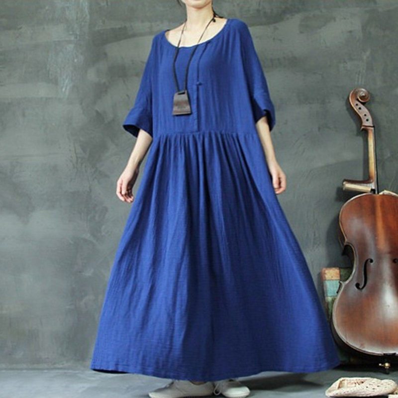 Robe Froncée Ample En Lin Riche En Grande Taille M-5xl