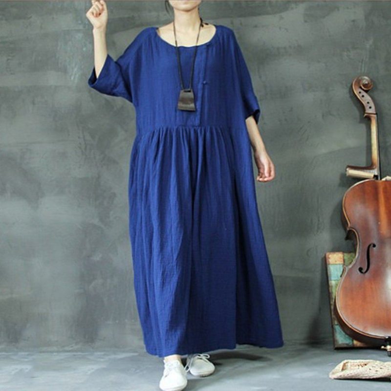 Robe Froncée Ample En Lin Riche En Grande Taille M-5xl