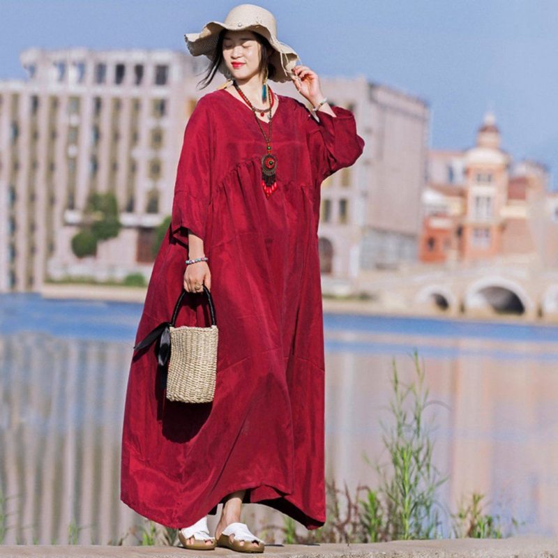 Robe Froncée À Col En V En Soie Naturelle - Rouge Vin