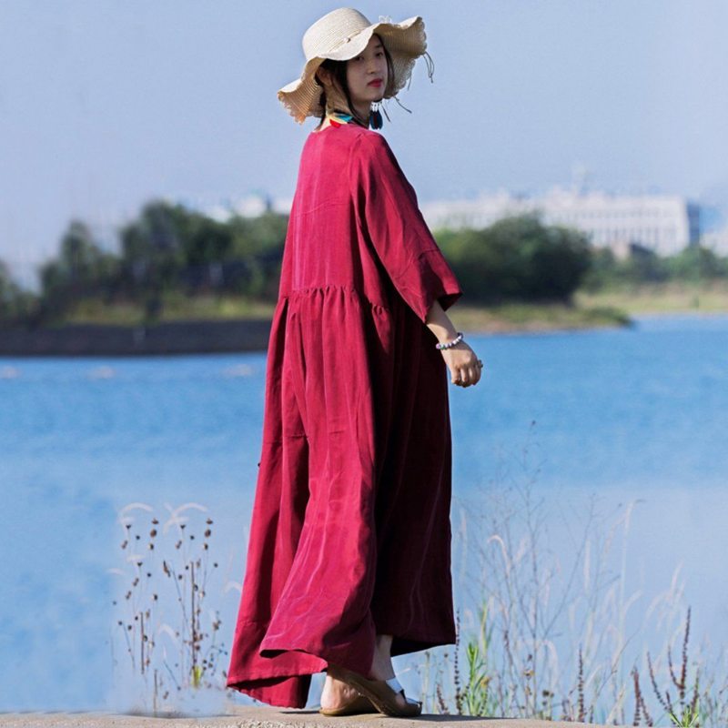 Robe Froncée À Col En V En Soie Naturelle - Rouge Vin