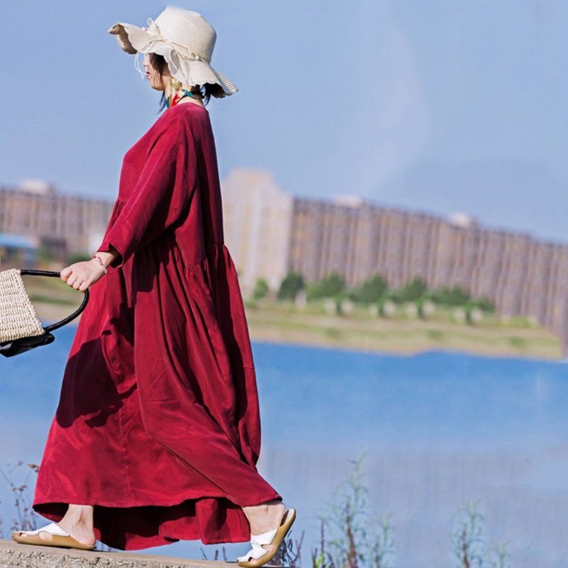 Robe Froncée À Col En V En Soie Naturelle - Rouge Vin