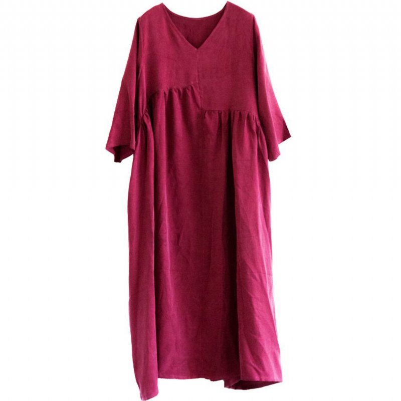 Robe Froncée À Col En V En Soie Naturelle - Rouge Vin