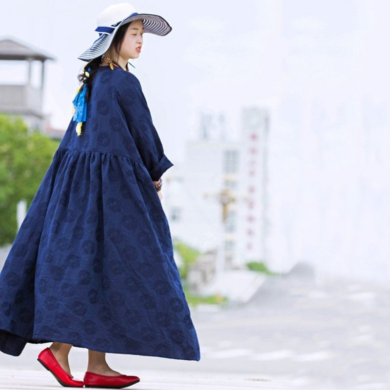 Robe Froncée Oversize À Encolure En V Jacquard - Bleu Marine