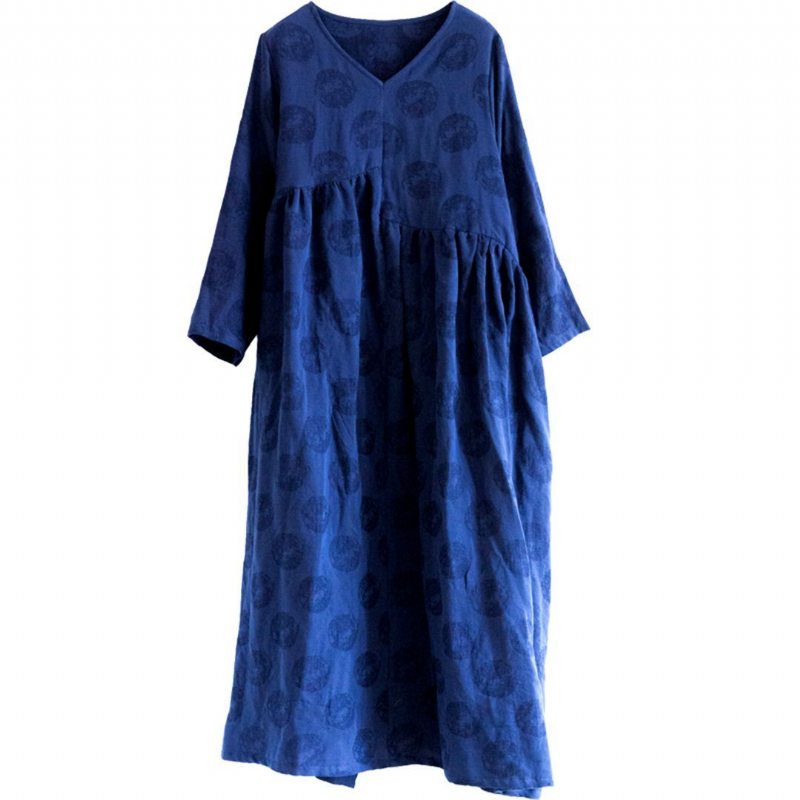 Robe Froncée Oversize À Encolure En V Jacquard - Bleu Marine