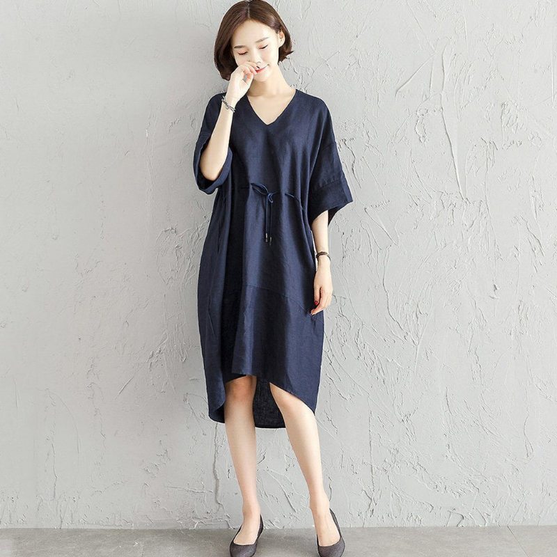 Robe Haute-basse Confortable En Lin Simple S-4xl